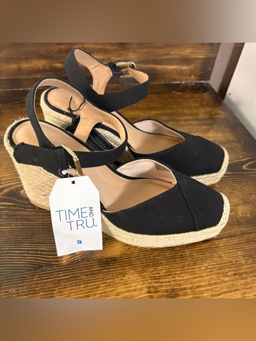 Time and Tru Black Espadrille Ankle-Strap Wedge Sandals